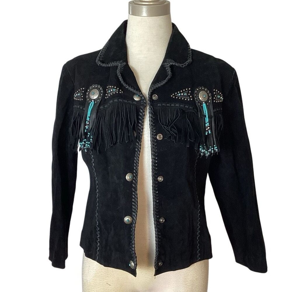 Scully Black Suede Leather Western Jacket Beaded Fringe Women’s Medium - Picture 2 of 14